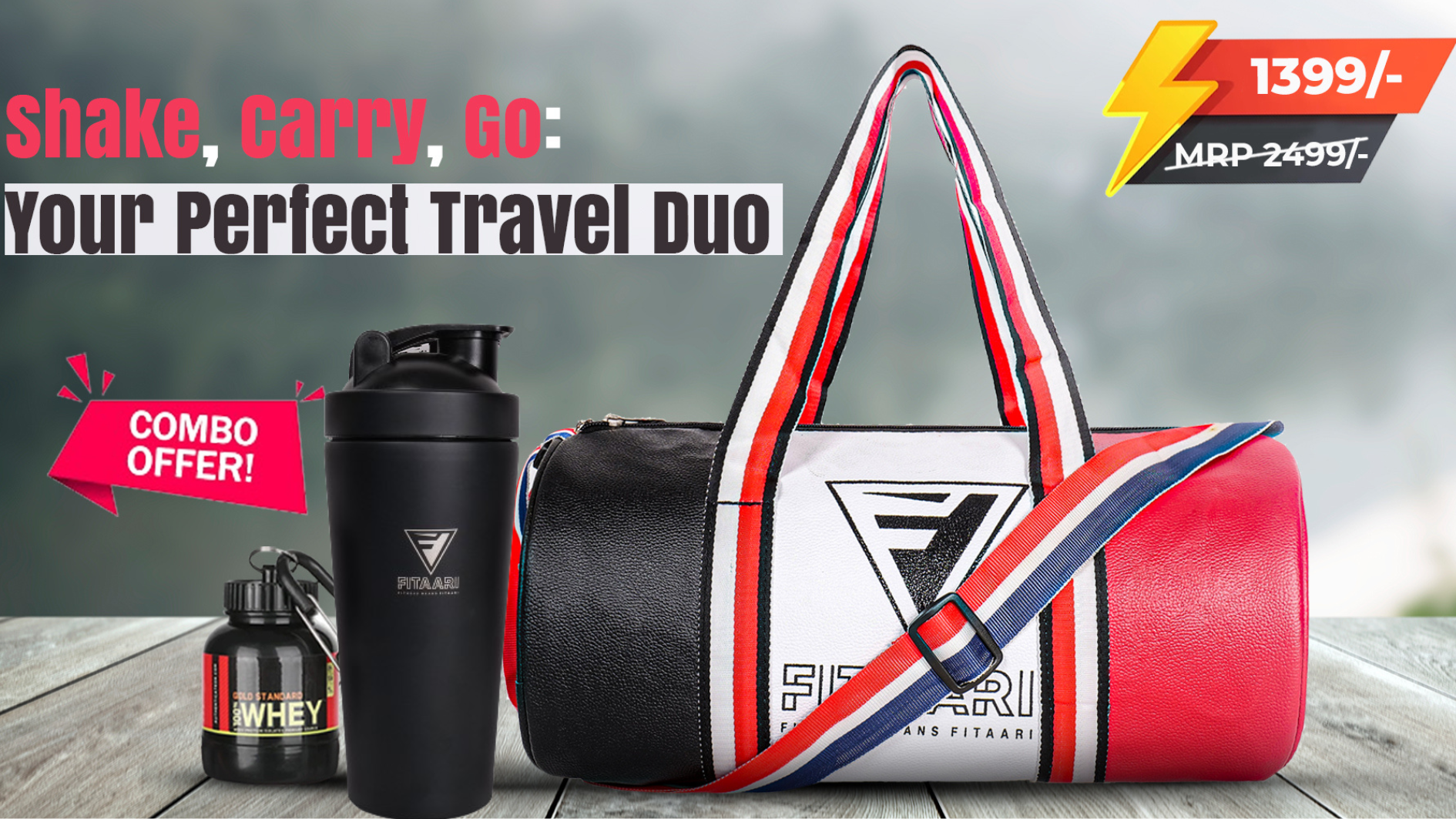 Fitaari Premium Black Steel Shaker And Gym Bag Combo with free Protein Container